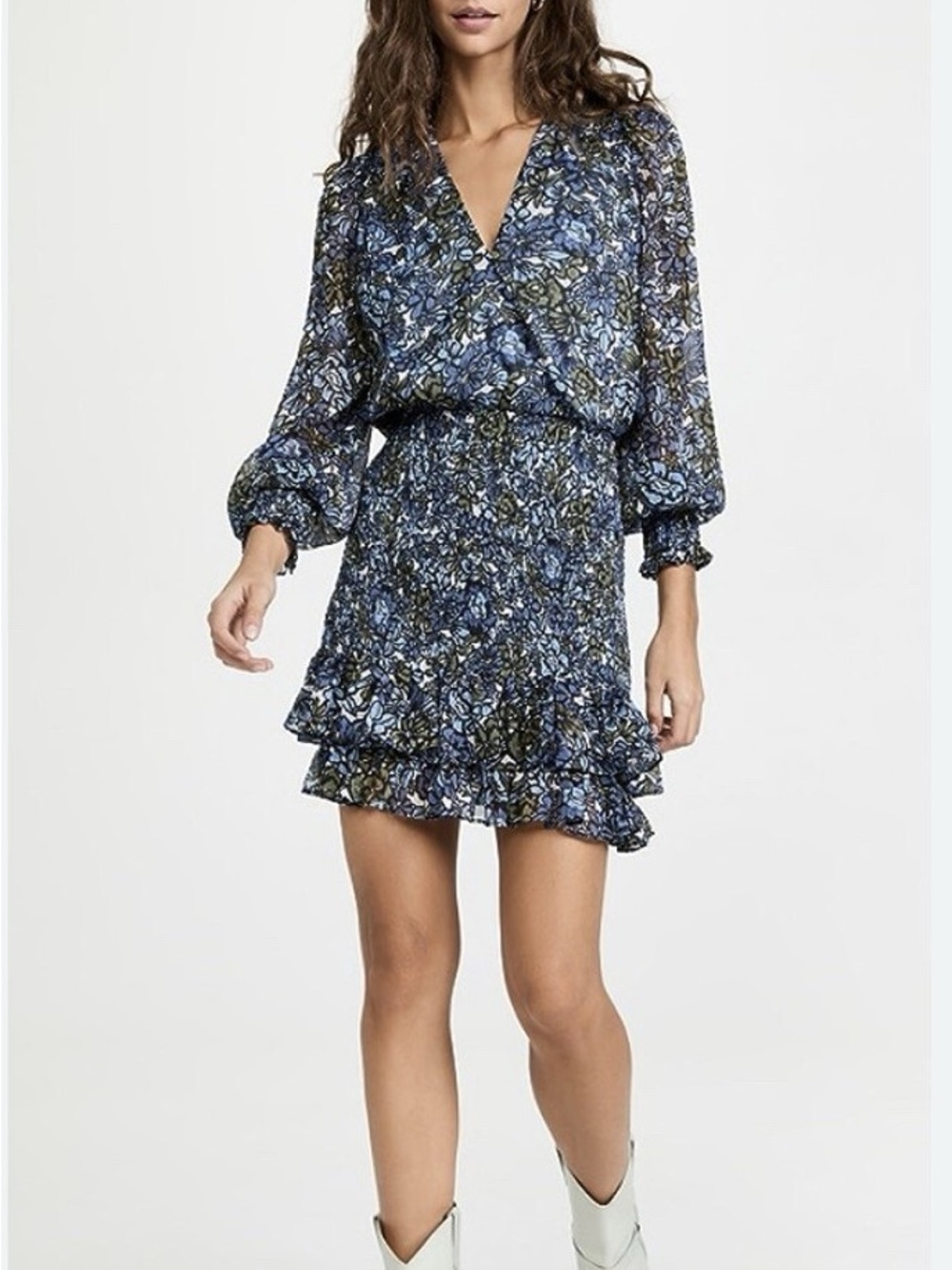 Veronica Beard Blue Floral Smocked Mini‎ Dress Size 12 Long Sleeve Boho Resort